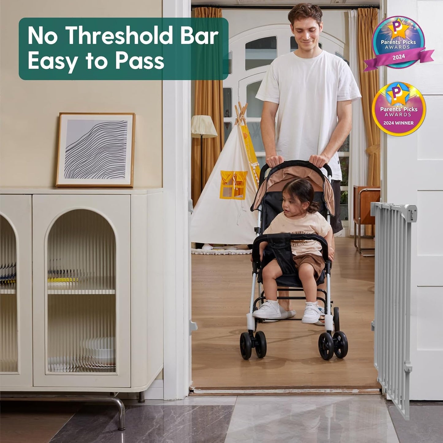 Babelio 34" Extra Tall Baby/Dog Gate with No Threshold Design Walk Thru Door, 26-43" Auto Close Safety Gate for Babies, Elders and Pets, Fits Doorways, Stairs, and Entryways, Grey