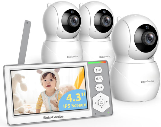 Baby Monitor with 3 Cameras Standby for 23-Hour Battery, Remote Control 4.3'' IPS Video Baby Monitor No WiFi Up to 1000ft Range, ECO, Night Vision, Temperature, 2-Way Talk, 8 Lullabies