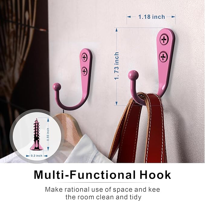 15-Pack Coat Hooks with 30 Screws | Heavy Duty Wall Mounted for Robe, Backpack & Keys | Entryway, Bathroom, Bedroom Hanging Hardware (Pastel Pink)