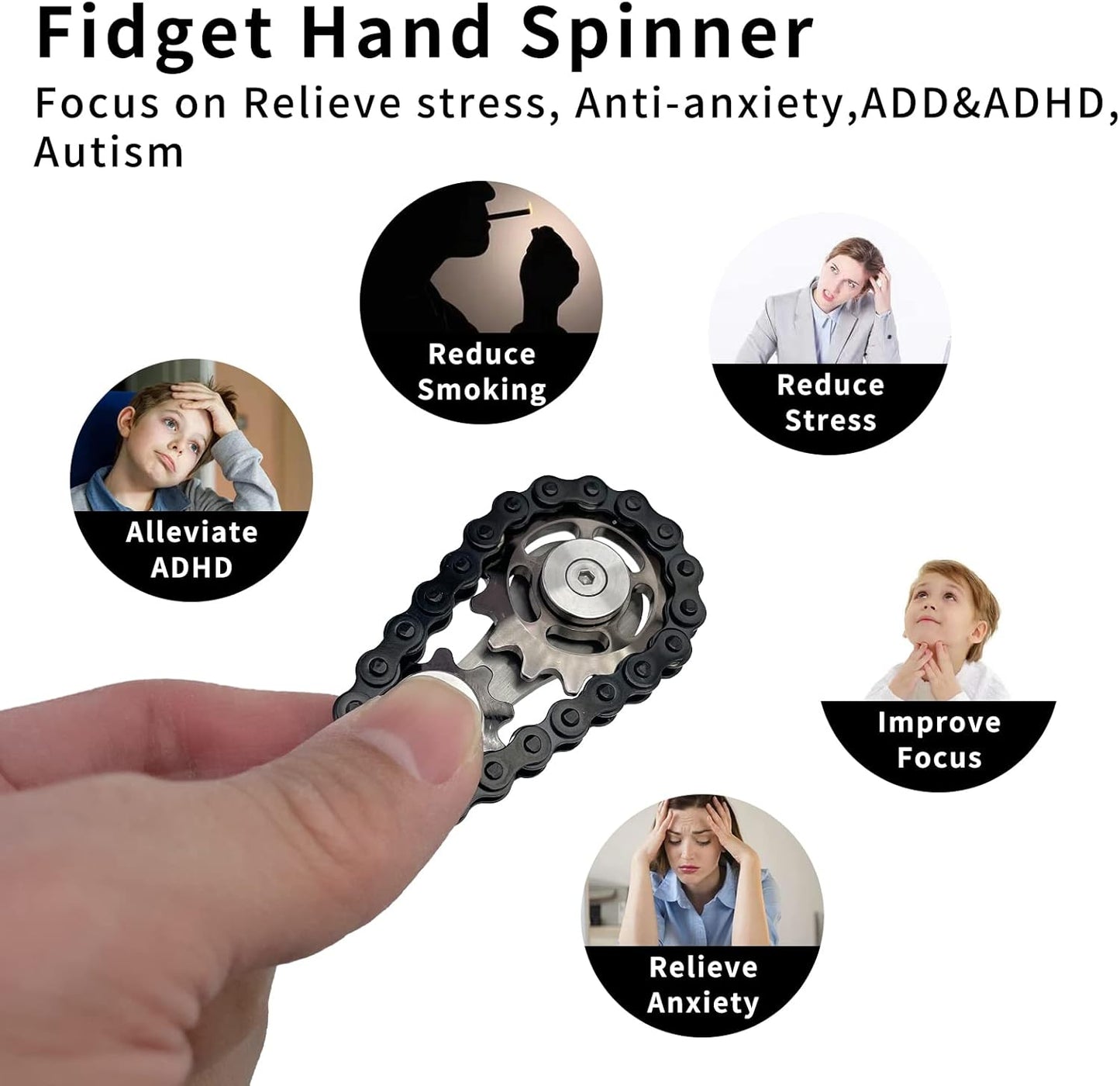 Chain Gear Fidget Spinner, Metal Sprocket Chain Fidget Toy, Stress Anxiety Relief Fidget Toy, Bike Chain Gears Novelty Toy,Metal EDC for Anxiety Relieve Boredom ADHD Autism (Black)