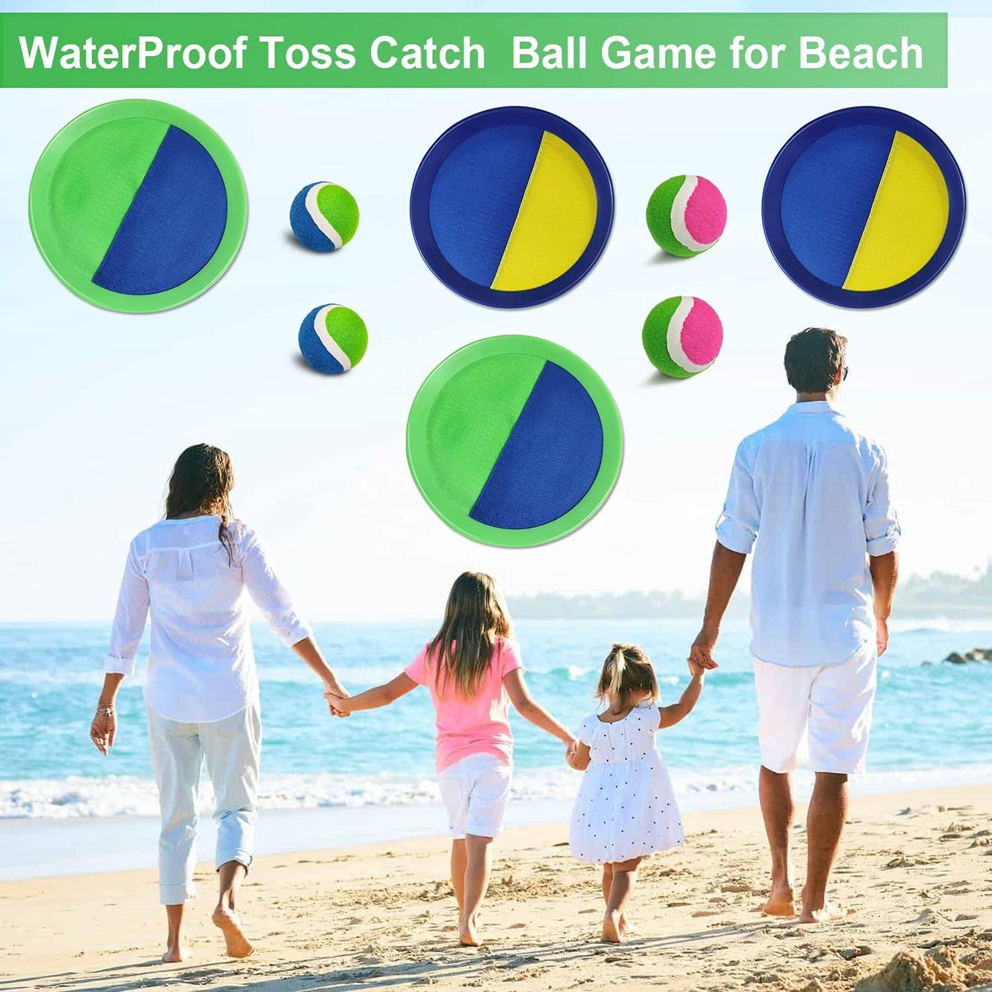Jalunth Ball Catch Set Game Toss Paddle - Beach Toys Back Yard Outdoor Games Pool Backyard Target Throw Sticky Set Age 3 4 5 6 7 8 9 10 11 12 Years Old Boys Girls Kids Easter Gifts Green Blue 2 Pack