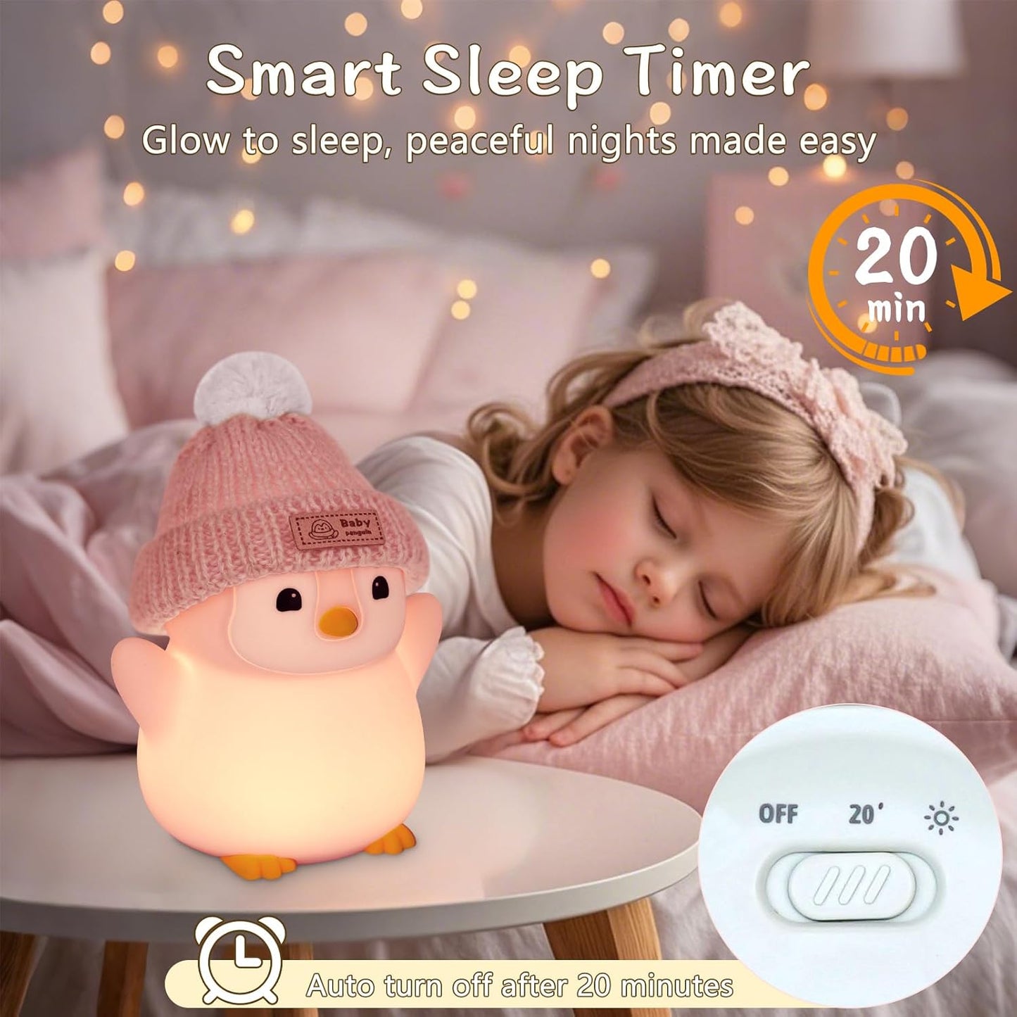Penguin Night Light, Cute Pink Penguin Lamp with Knit Hat, Soft Silicone Nursery Nightlight for Baby, Rechargeable/Dimmable/Timer,LED Squishy Novelty Animal Bedside Lamp,Funny Gifts for Kids