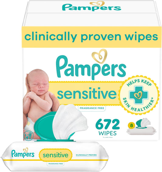 Pampers Baby Wipes, Sensitive, Water Based Wipe, Clinically Proven, Hypoallergenic, and Unscented for Babies, 672 Wipes Total (8 Flip-Top Packs) [Packaging May Vary]