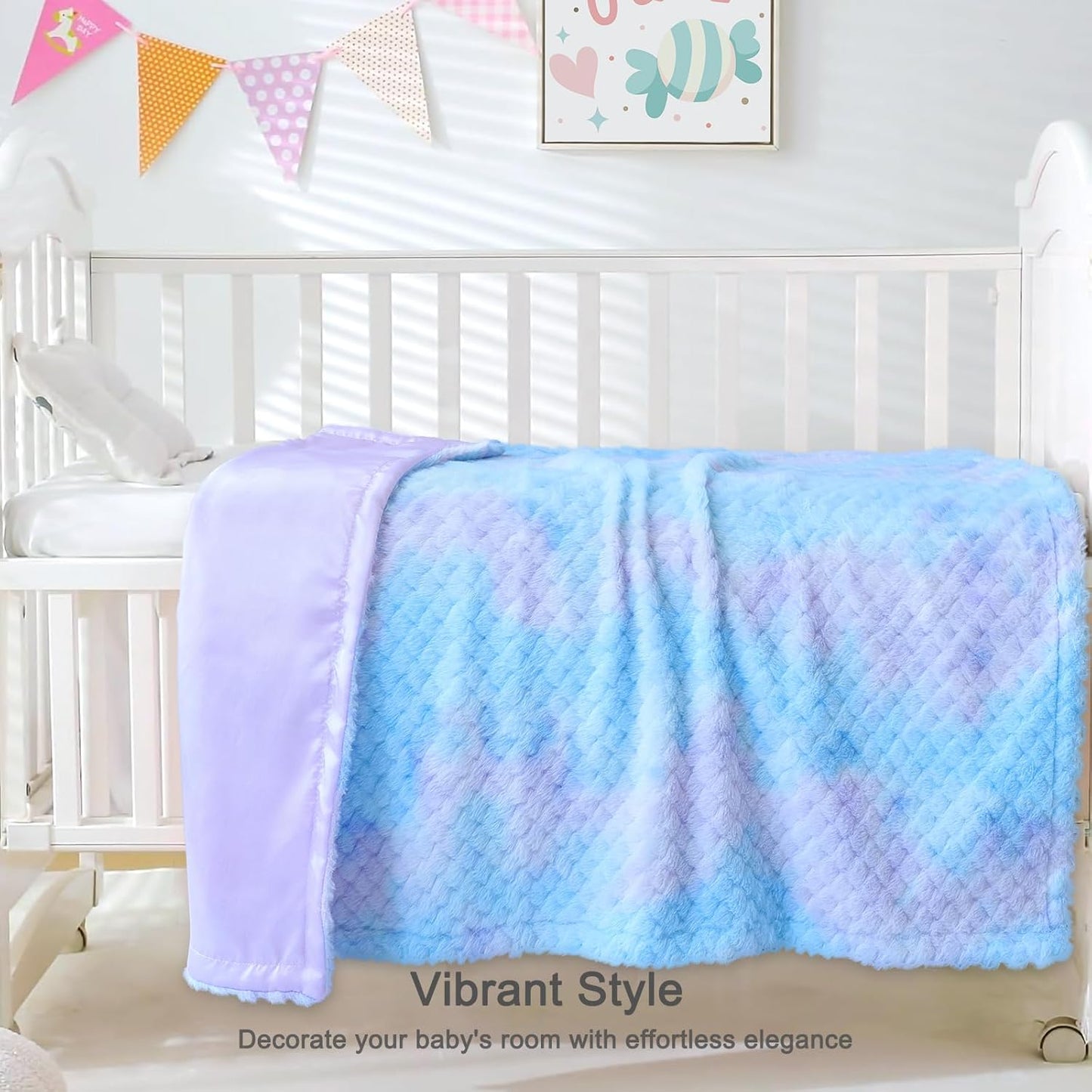 Baby Blanket for Boys Girls Reversible Fluffy Fuzzy Fleece & Skin-Firendly Silk Silky Backing, Cozy Soft Plush Blanket for Toddlers Swaddling, Stroller, Playtime Rainbow Blue 30 x 40 Inch