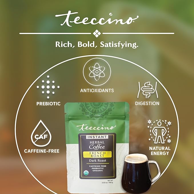 Teeccino Instant Organic French Roast Herbal Coffee – 33 servings – Instant Chicory Coffee Alternative with Microground Ramón Seeds That’s Prebiotic, Caffeine-Free & Acid Free - 3.53 ounces