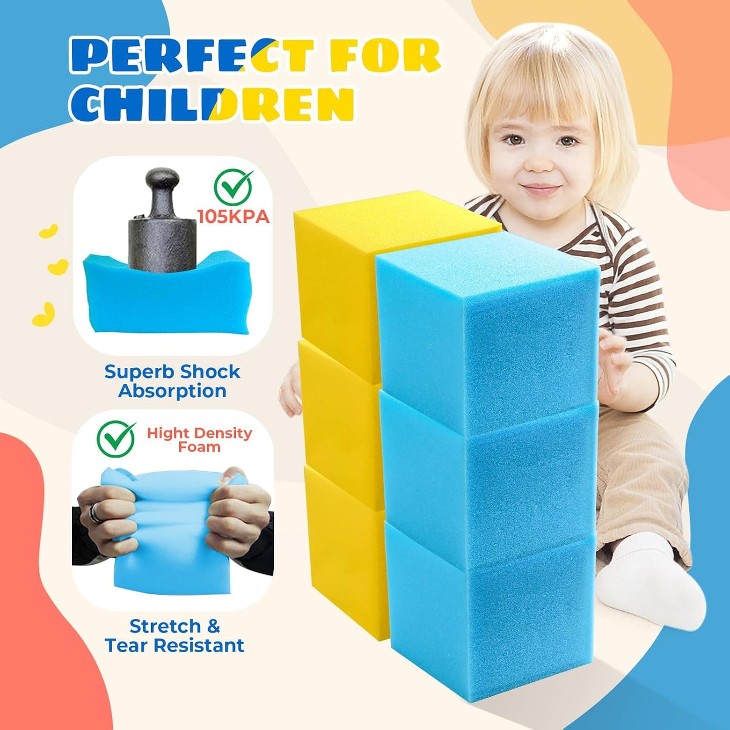Foam Pit Cubes, 24 PCS 5 Inches Gymnastics Foam Blocks Trampoline Blocks, Multi-Sport Protective Padding for Freerunning, Trampoline, Parkour, Skate Parks & BMX - Blue & Yellow