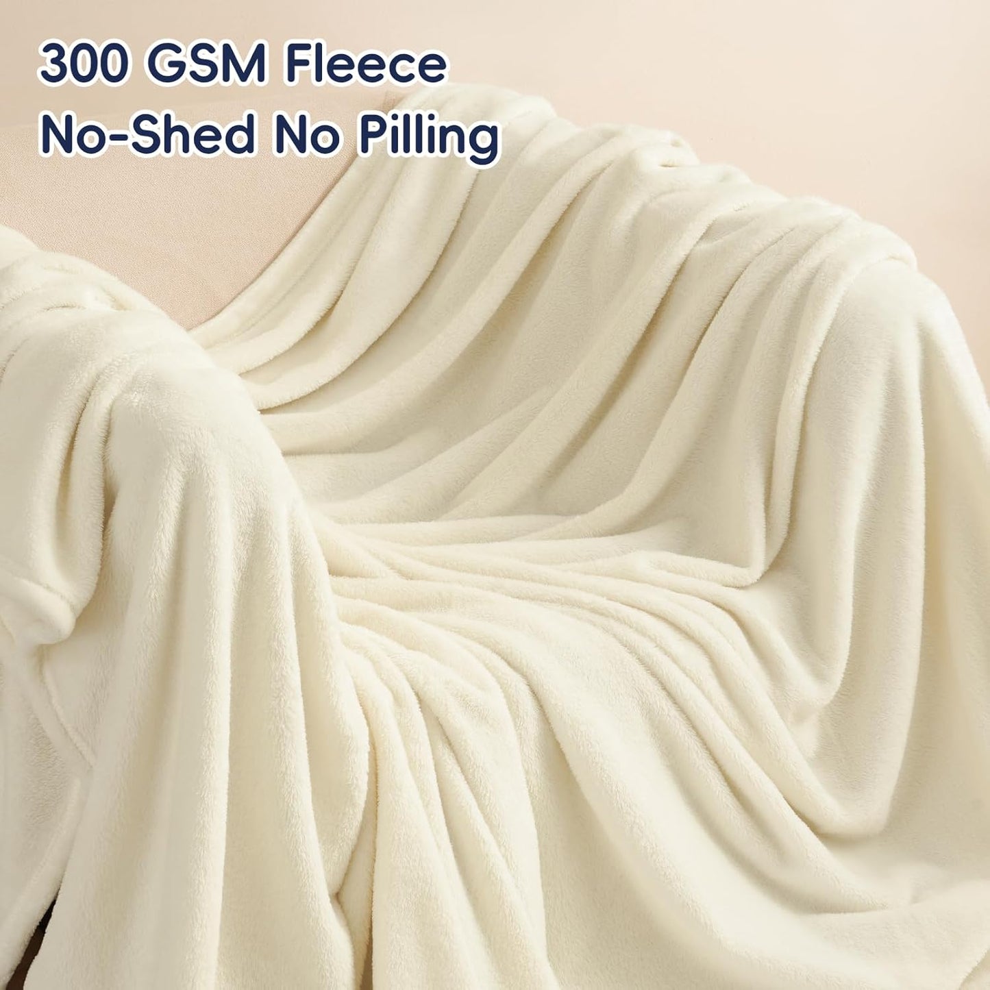 PHF Ultra Soft Fleece Blanket King Size, No Shed No Pilling Luxury Plush Cozy 300GSM Lightweight Blanket for Bed, Couch, Chair, Sofa Suitable for All Season, 108" x 90", Cream