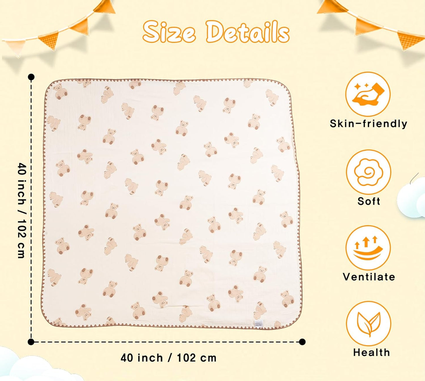 Baby Blanket Double Layer Cotton 40 x 40 Soft Receiving Blanket with Pattern Machine Washable Bear