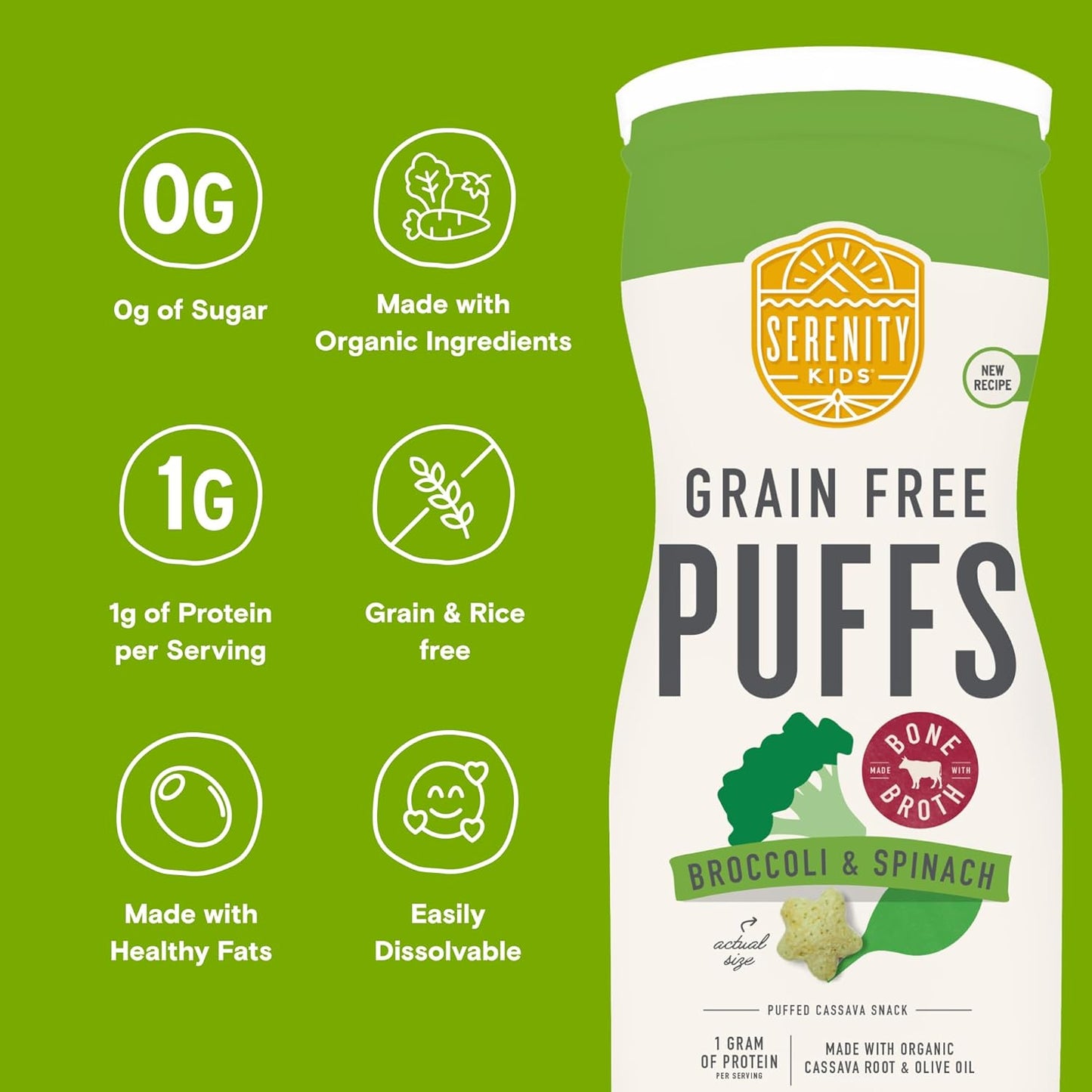 Serenity Kids 6+ Months Baby Veggie Puffs Toddler Snacks - Grain & Gluten-Free No Added Sugar - Organic Cassava Broccoli & Spinach - 1.5 Oz, 6 Pack