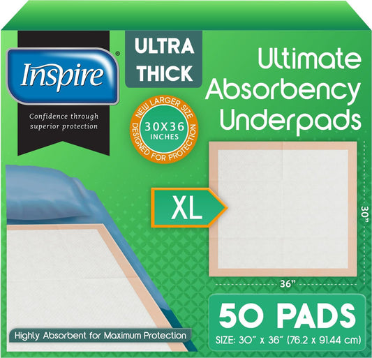 Inspire Super and Ultra Absorbent Disposable Bed Pads (30" X 36" Pack of 50)