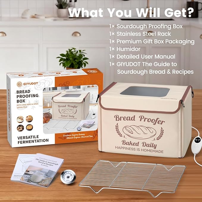 Folding Bread Proofing Box with 50-113℉ Temp Control & 48H Timer, Dough Proofer with Metal Rack, Humidor, Recipes, Ideal for Sourdough, Bread Baking, Pizza, Yogurt, Kombucha, Precise Control