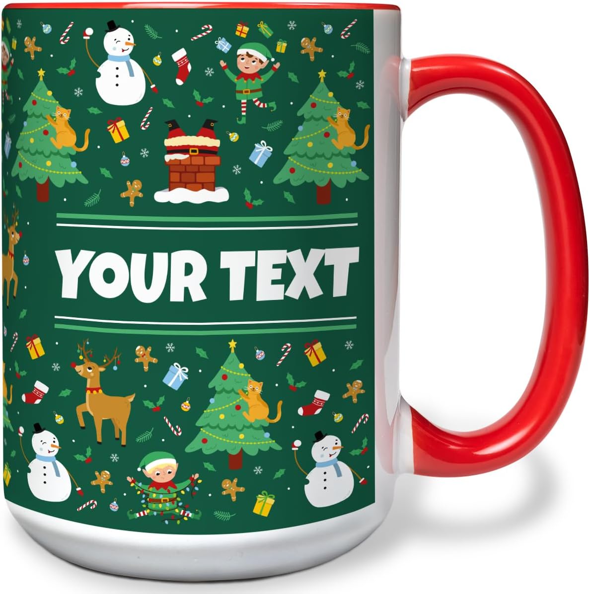 Personalized Mug for Kids - Christmas - Custom Name/Text, Ceramic Hot Chocolate/Cocoa/Coffee Cup for Boys/Girls, Holiday/Birthday Gift - 15 oz, Red Handle