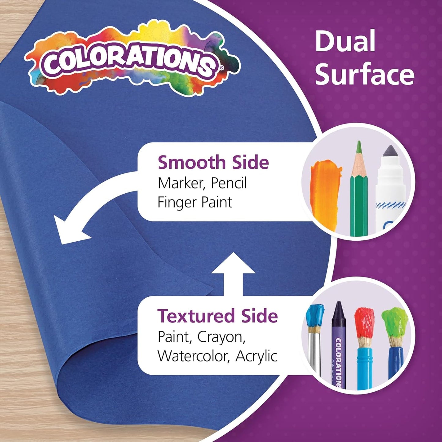 Colorations Arts and Crafts Paper Roll - 36" x 1000', Dark Blue , Dual Surface, Markers, Finger Paints, Painting, Watercolors, Acrylic Paints, Wall Art, Bulletin Board Paper, Kids Crafts