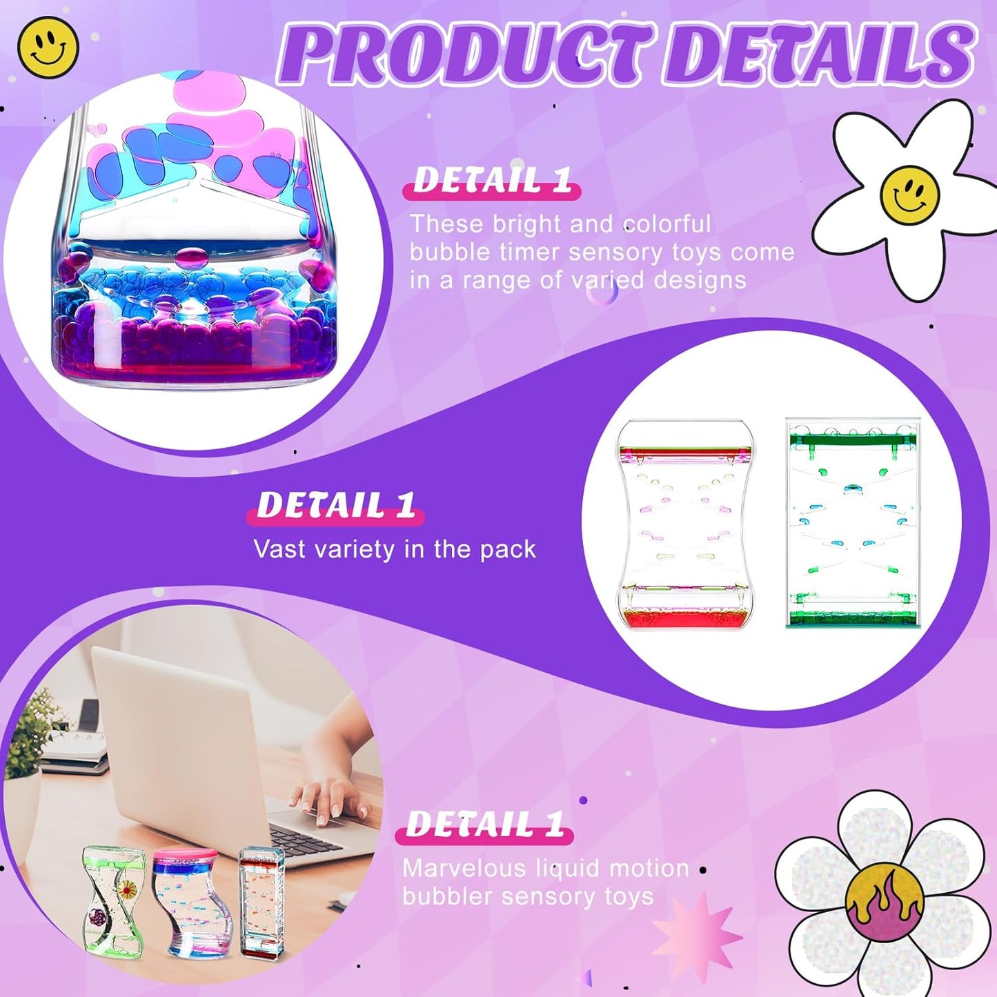 6 Pack Liquid Motion Bubbler Liquid Bubble Sensory Toys Colorful Oil Hourglass Fidget Toy Sensory Bottles Calming Toys Handheld Water Game for Boy Girl Autism ADHD Adults (Cute)