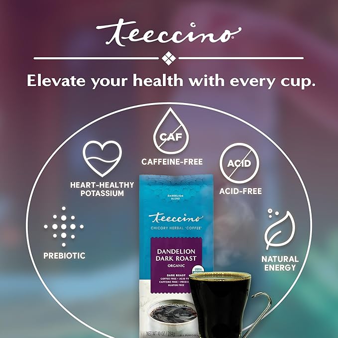 Teeccino Dandelion Dark Roast Herbal Coffee - 10 oz - Caffeine-Free Coffee Alternative with Prebiotics, Gluten Free, Acid Free, Organic