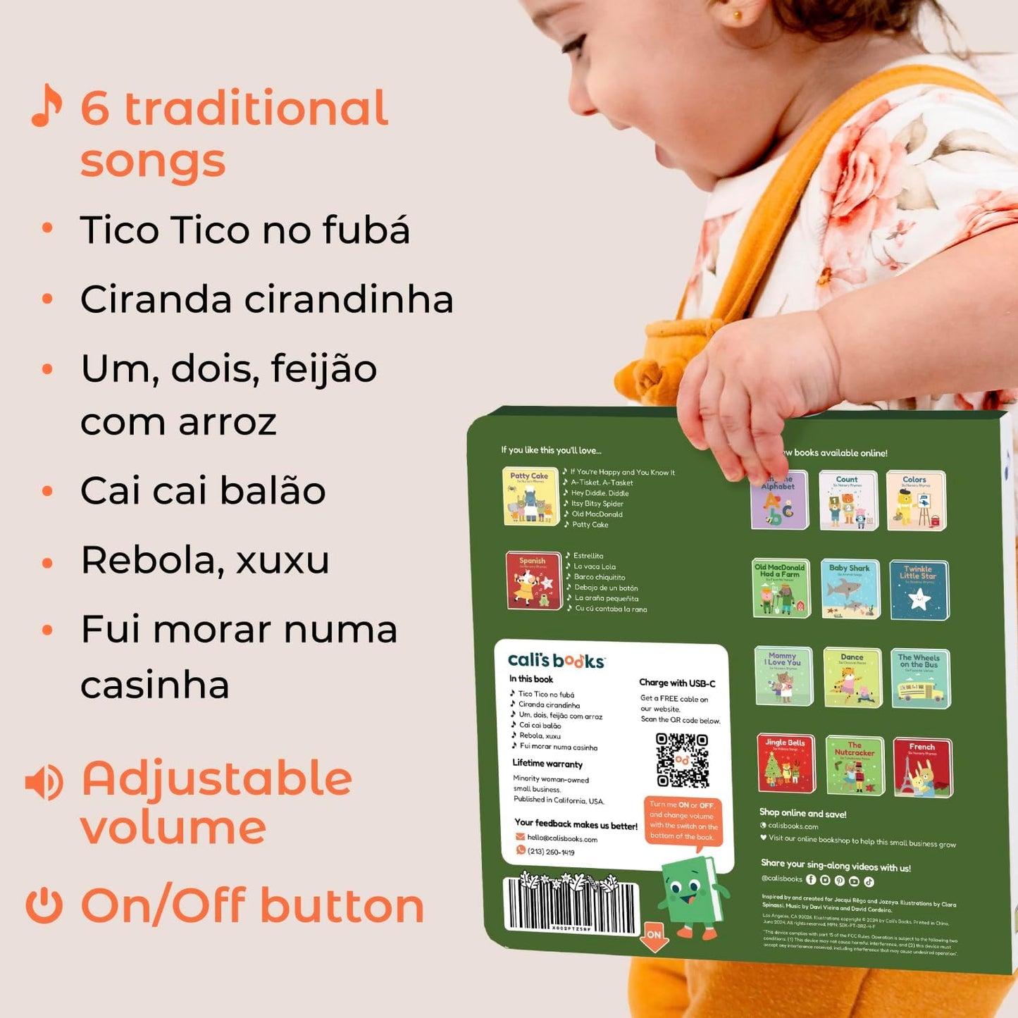 Cali's Books Brazilian Nursery Rhymes Book - Sound Books for Toddlers 1-3 Years Old - Interactive & Educational Music Toys for Bilingual Children with Lyrics & Translations - Musical Gifts for Kids