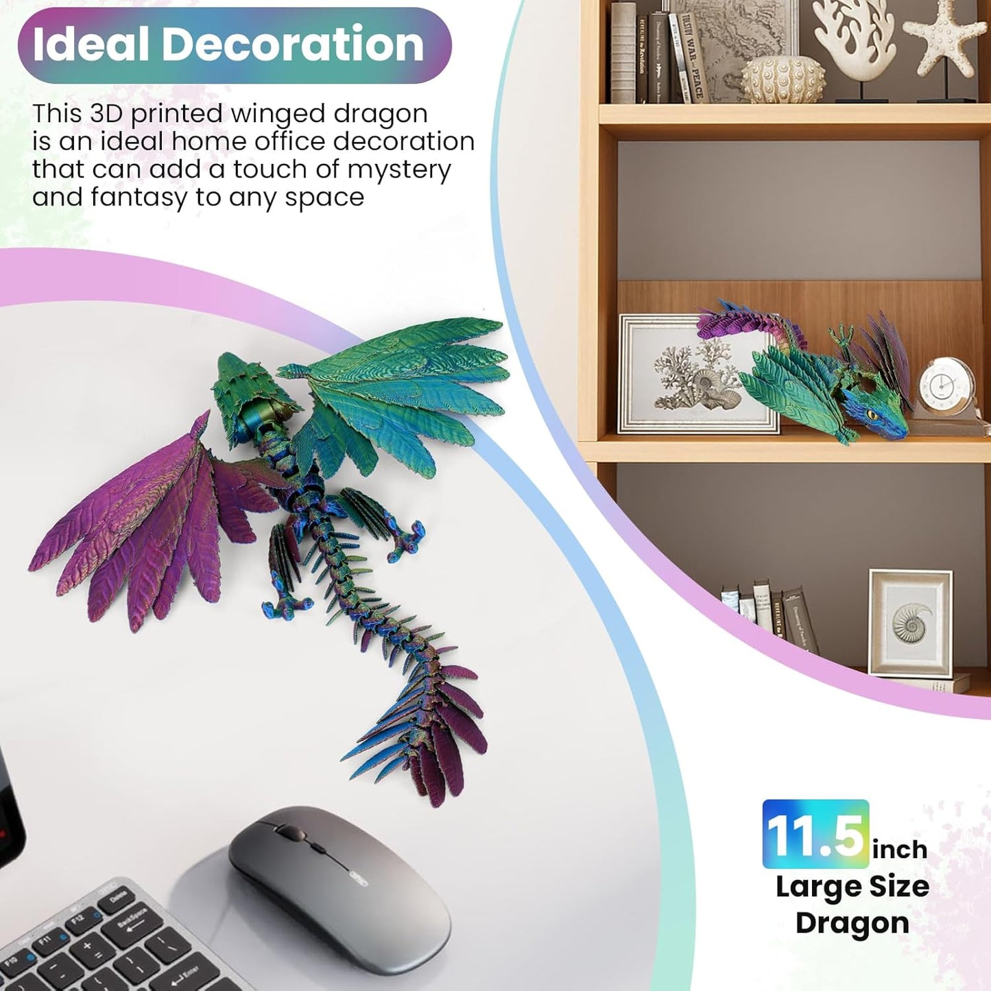 3D Printed Dragon with Wings,3D Printed Animals Toy,3D Printed Flexible Dragons,Crystal Dragon Fidget Toys,Full Articulated Dragon Crystal Dragon (Red Yellow and Blue)