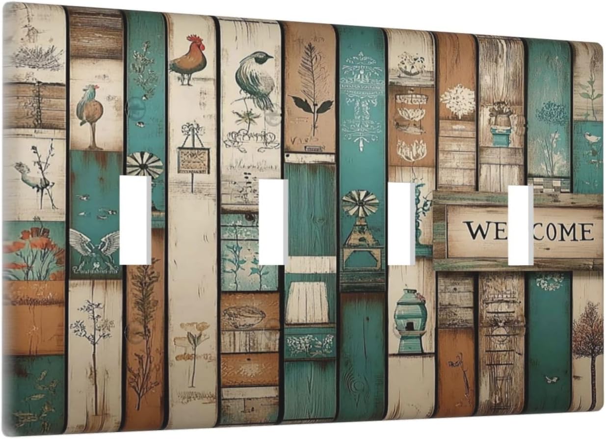 Light Switch Covers Vintage Wood Brown Turquoise Splicing Quad Toggle Electrical Faceplate 4 Gang Wall Plate Decorative Switch Plates For Farmhouse Cabin Decor
