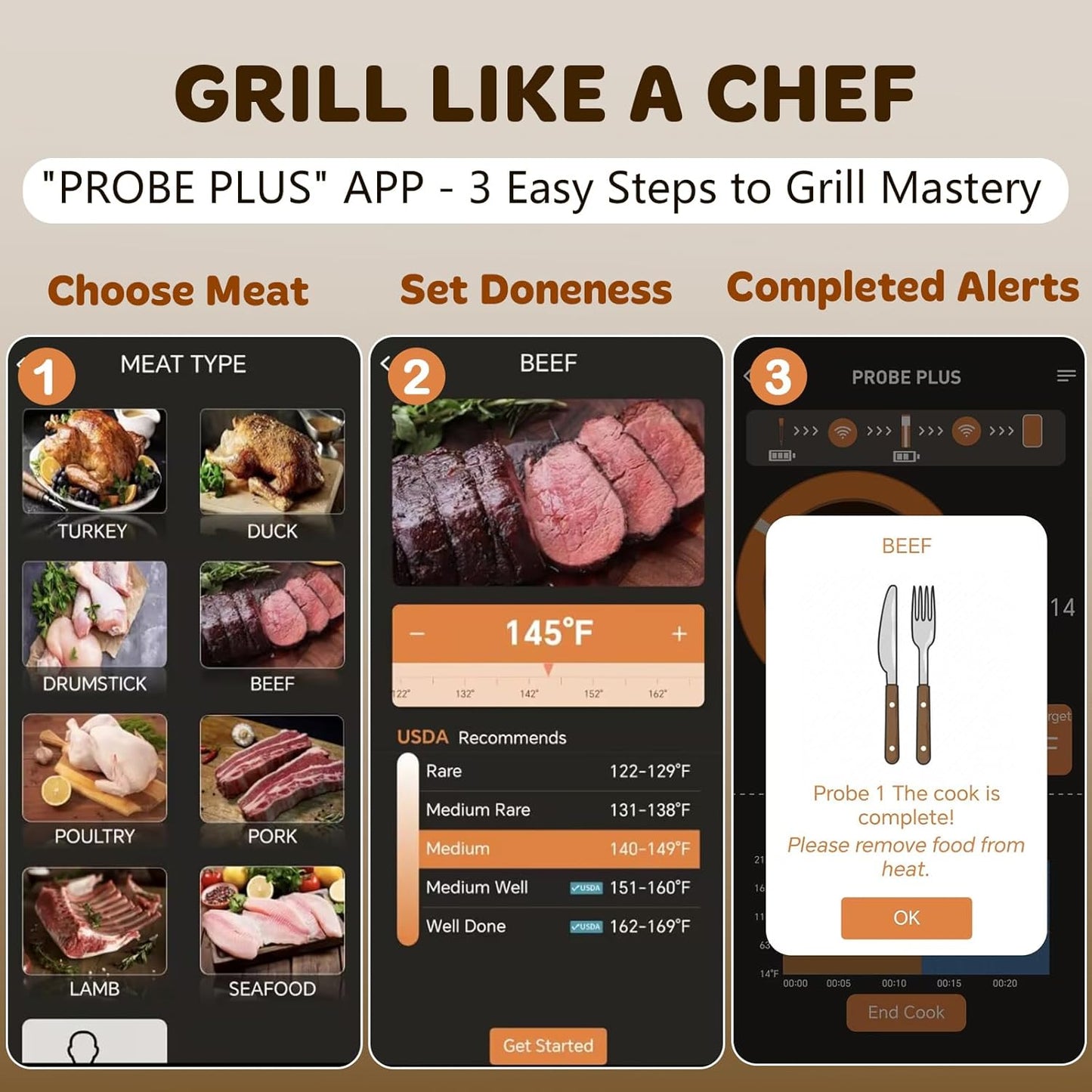 Accurate Smart Wireless Meat Thermometer - 4 Probes, Long Range Bluetooth, Real-time Alerts, Dishwasher Clean, Waterproof, Digital Cooking Thermometer for Grill, BBQ, Oven, Smoker