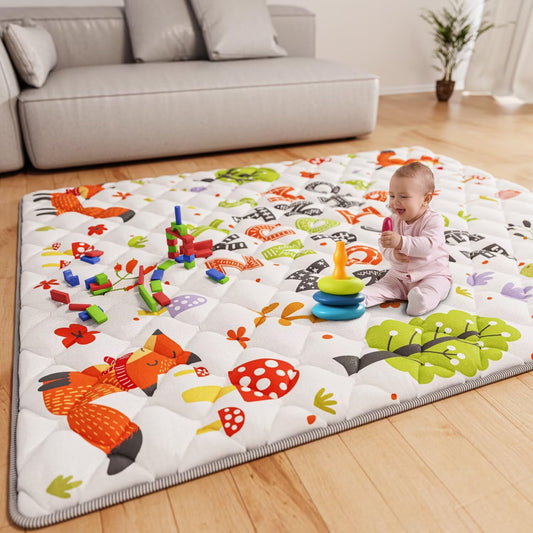 Baby Play Mat 71" X 59" Playpen Mat Upgraded Thicken Baby Floor Play Mat Non-Slip Cushioned Crawling Mat Waterproof Activity Playmats for Babies Toddlers Infants (71X59, Letter Fox)