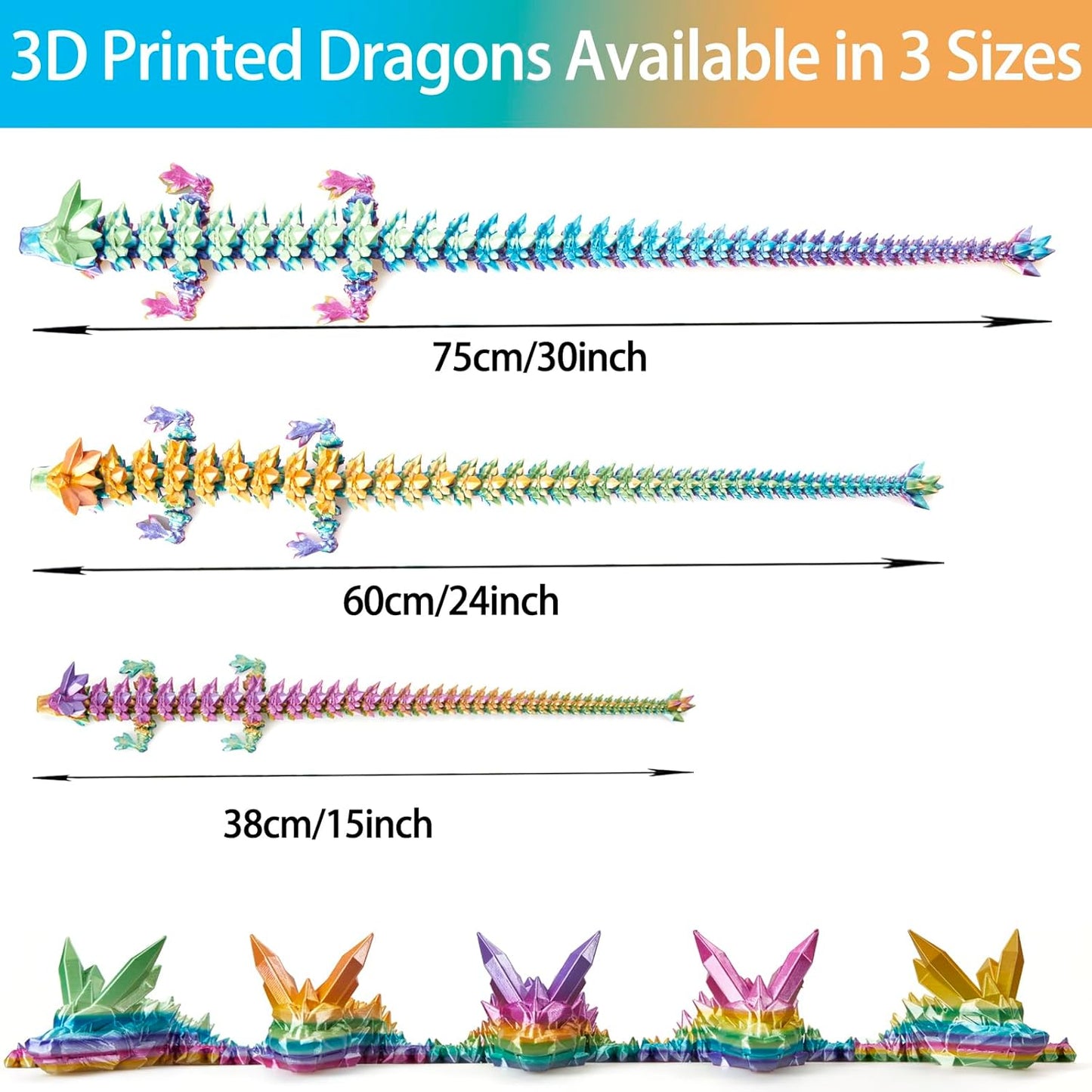 3D Printed Dragon, 3D Dragon ,30 Inch 3D Printed Fidget Dragon, Bigger Fidget Crystal Dragon Toys , 3D Printed Articulated Dragon for Home Office Car Desk Decor Toys (Red Yellow Blue) (Rainbow)