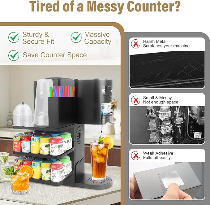 Flavor Pods Holder Compatible With Ninja Thirsti,4-in-1 Flavor Storage Holder with Straw Slot & Cup and Lid Storage,Side-Mounted Wooden Organizer Holds 20 Pods for Ninja Thirsti WC1001 Drink System