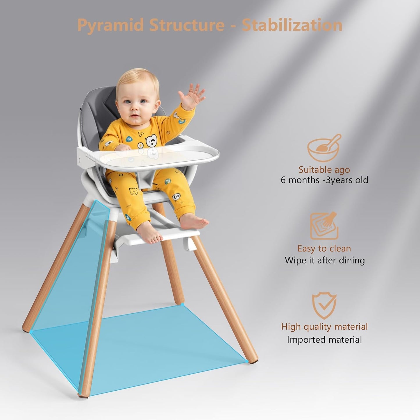Baby High Chair, Highchair for Baby & Toddler, Easy Clean Infant Highchair, 6 in 1 Feeding High Chair with Removable Double Tray and Waterproof PU Cushion, Wooden Legs, Grey