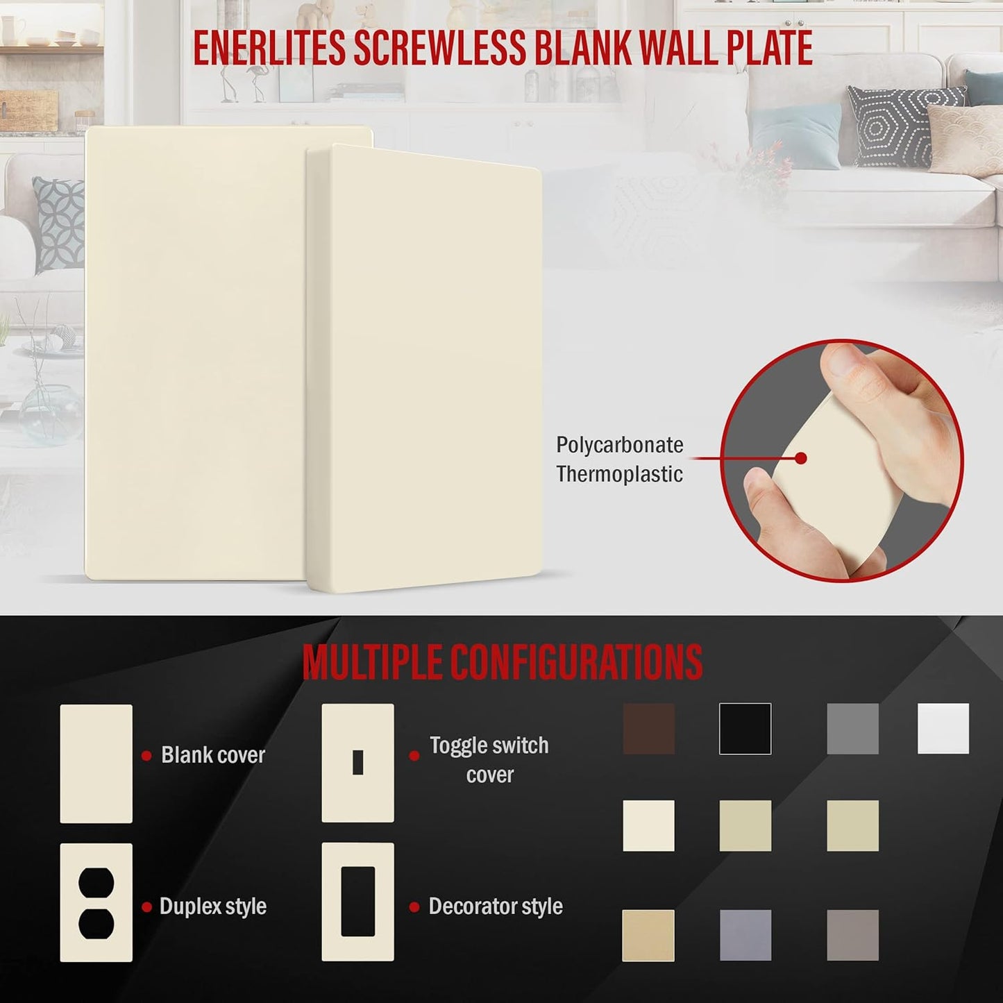 ENERLITES Screwless Blank Wall Plate, Child Safe Blank Device Outlet Cover, Standard Size, 1-Gang 4.68" x 2.93", Polycarbonate Thermoplastic, UL Listed, SI8801-LA, Glossy, Light Almond