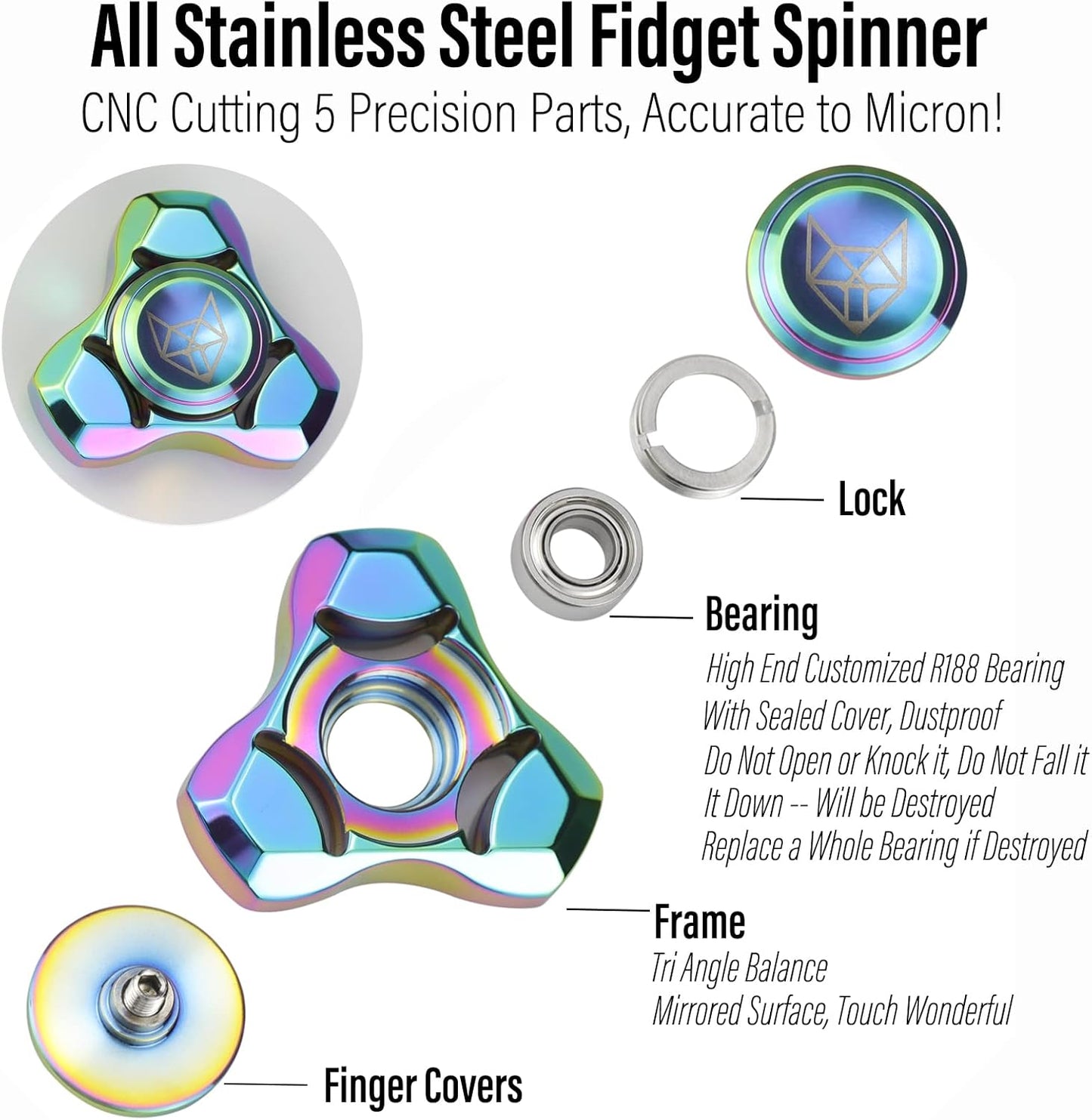 FREELOVE Metal Fidget Spinner, Stainless Steel Heavy, Long Spinning Toys, Cool Silent, Small Mini Fox Figette Spiner for Adults Men Anxiety, Quiet Bearing, Rainbow