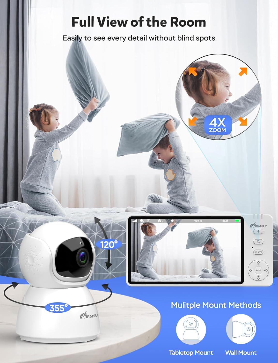 iFamily Baby Monitor with Camera and Audio – 720P HD Resolution, Large Display, 5000mAh Battery, Night Vision, Remote Pan, Tilt, and Zoom – Two-Way Talk, Lullabies, Thermal Monitor, 960ft Range
