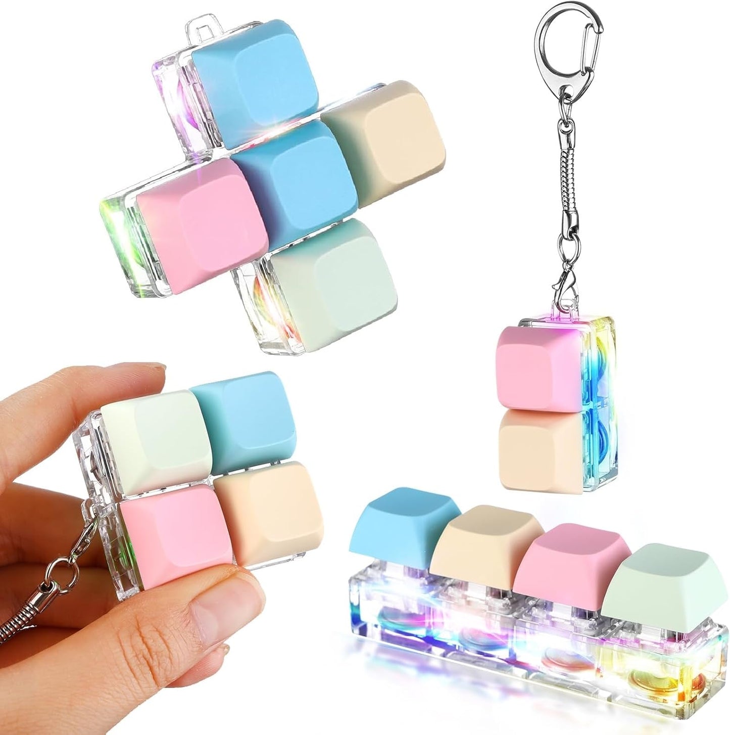 4 Pcs Keyboard Fidget Keychain Decompression Toys Keyboard Fidget Clicker Finger Keyboard Toys,Fidget Keychain with LED Light Stress Relief Keyboard,Keyboard Clicker for Gifts to Pass The Boring Time