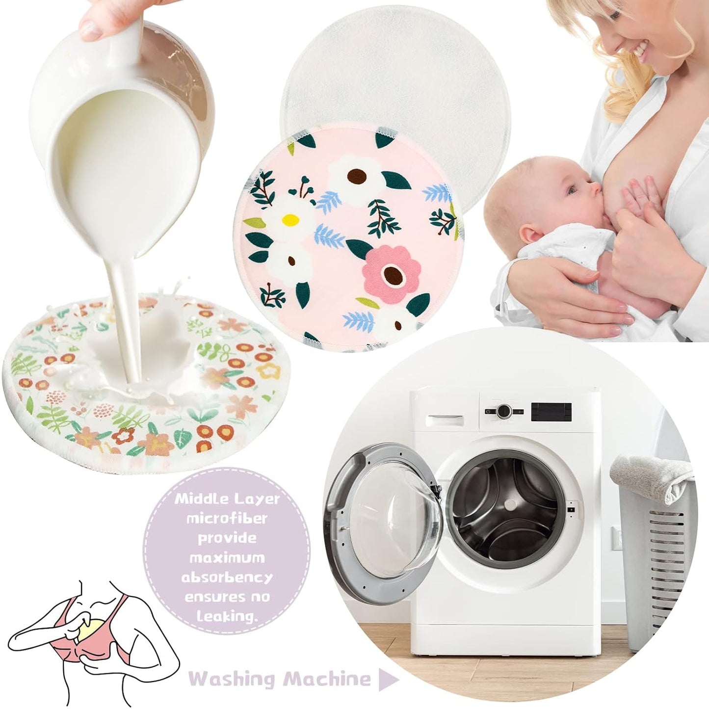 Sosation 30 Pcs Reusable Breast Pads Bamboo Nursing Pads with Wet and Laundry Bag Floral Nipple Favor Breastfeeding Mom Gift(Fresh Pattern)