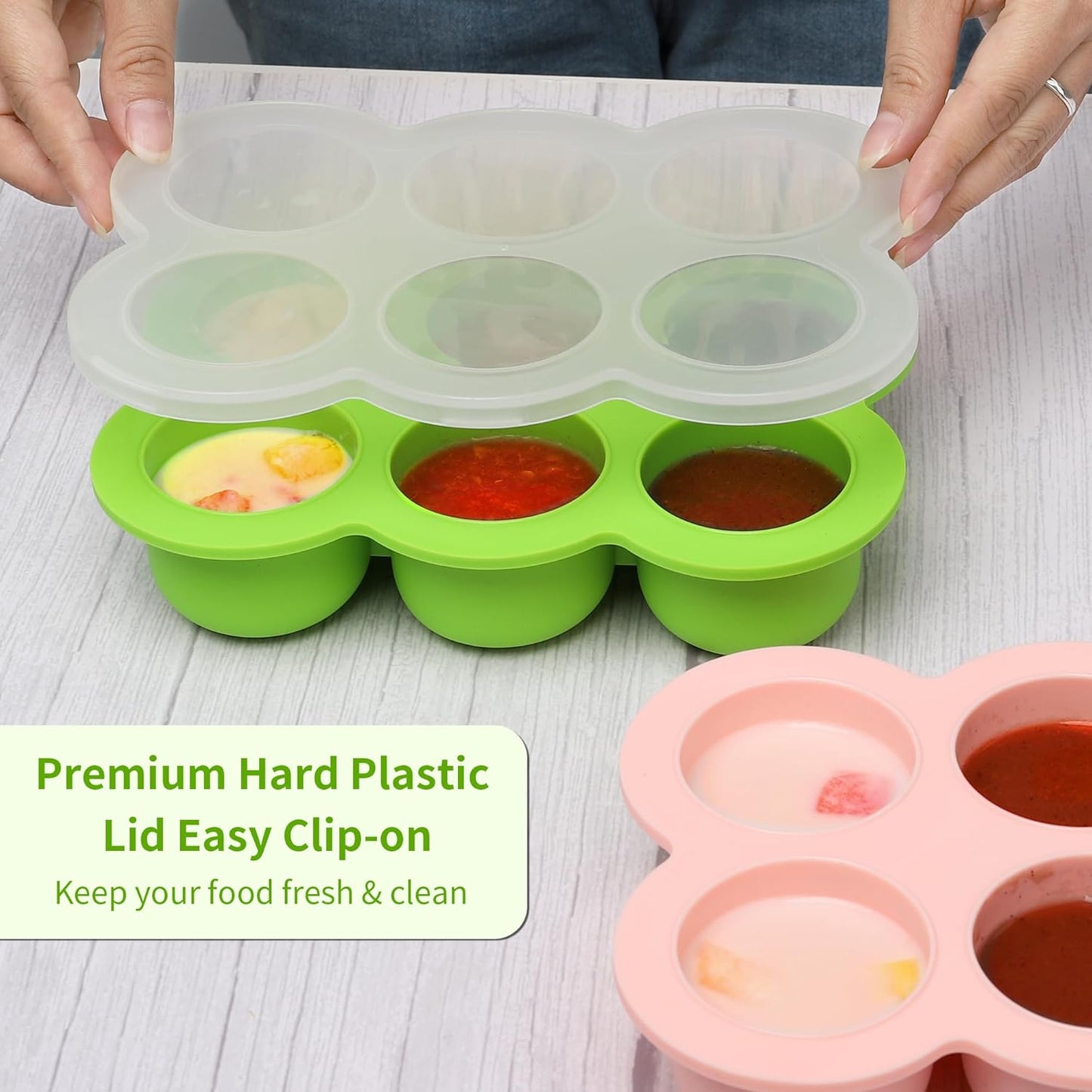 Baby Silicone Freezer Tray with Clip on Lid, 6 x 3 OZ Baby Silicone Freezer Molds, Silicone Storage Container for Homemade Baby Food, Fruit Purees & Vegetables (Bright Green)