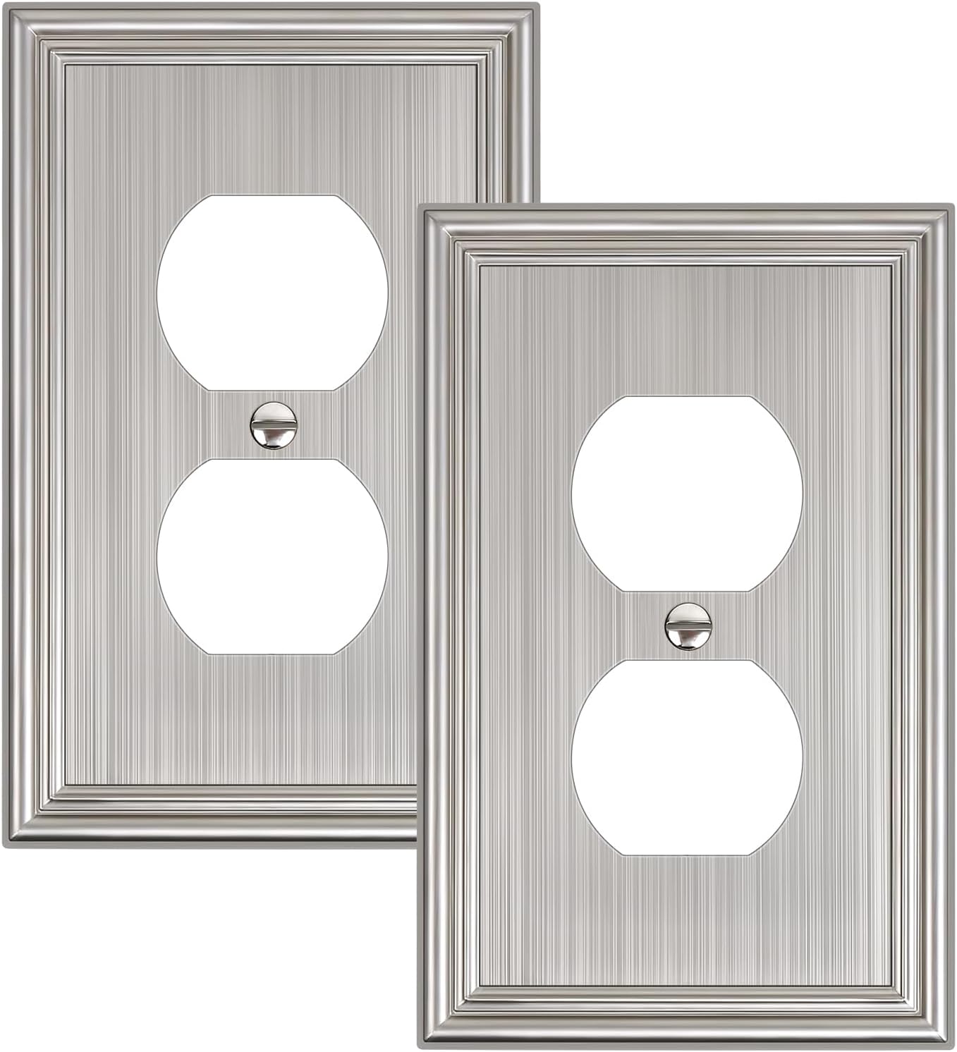 2-Pack Single Duplex Outlet Cover Plate, Decorative Brushed Nickel Switch Plates and Outlet Covers, Metal Wall Plates for Electrical Outlets, 1 Gang Receptacle Cover, Corrosion Resistant
