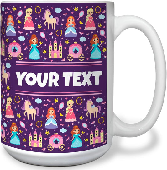 Personalized Mug for Kids - Princesses - Custom Name/Text, Ceramic Hot Chocolate/Cocoa/Coffee Cup for Girls, Birthday/Christmas/Holiday Gift - 15 oz, White Handle