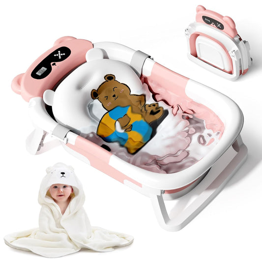 Collapsible Baby Bathtub for Newborn to Toddler (0-18 Month) - Portable Baby Bath Tub for Travel, Newborn Bathtub with Soft Towel and Floating Cushion (Pink)