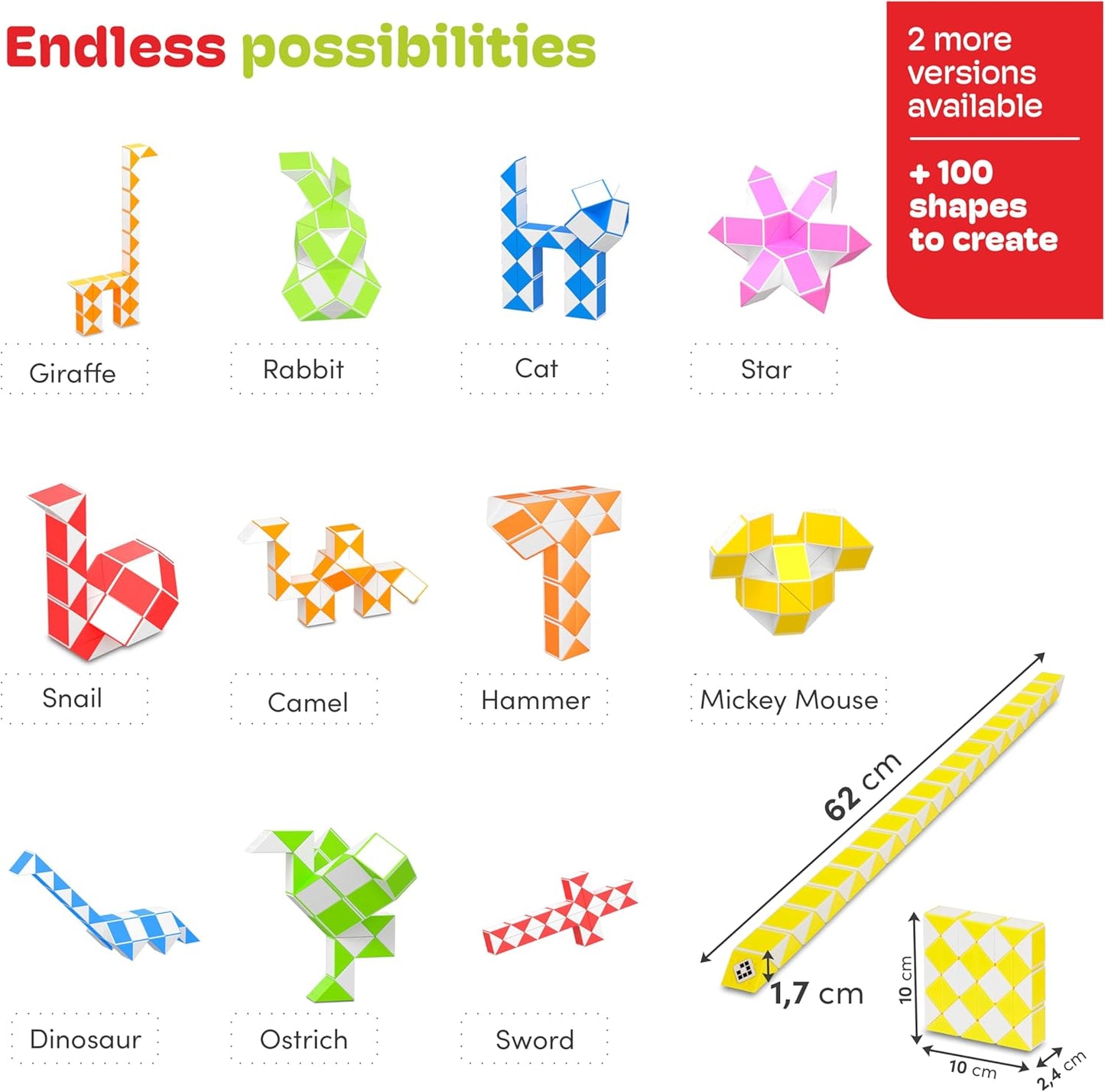 CUBIDI® Magic Snake Cube | Fidget Snake Toy for Kids | Travel Toys for Kids Ages 4-8 | Great Gift for Boys and Girls Birthday, Christmas, Stocking Stuffers - 36 Blocks | 0.9 inch x 0.7 inch | Yellow