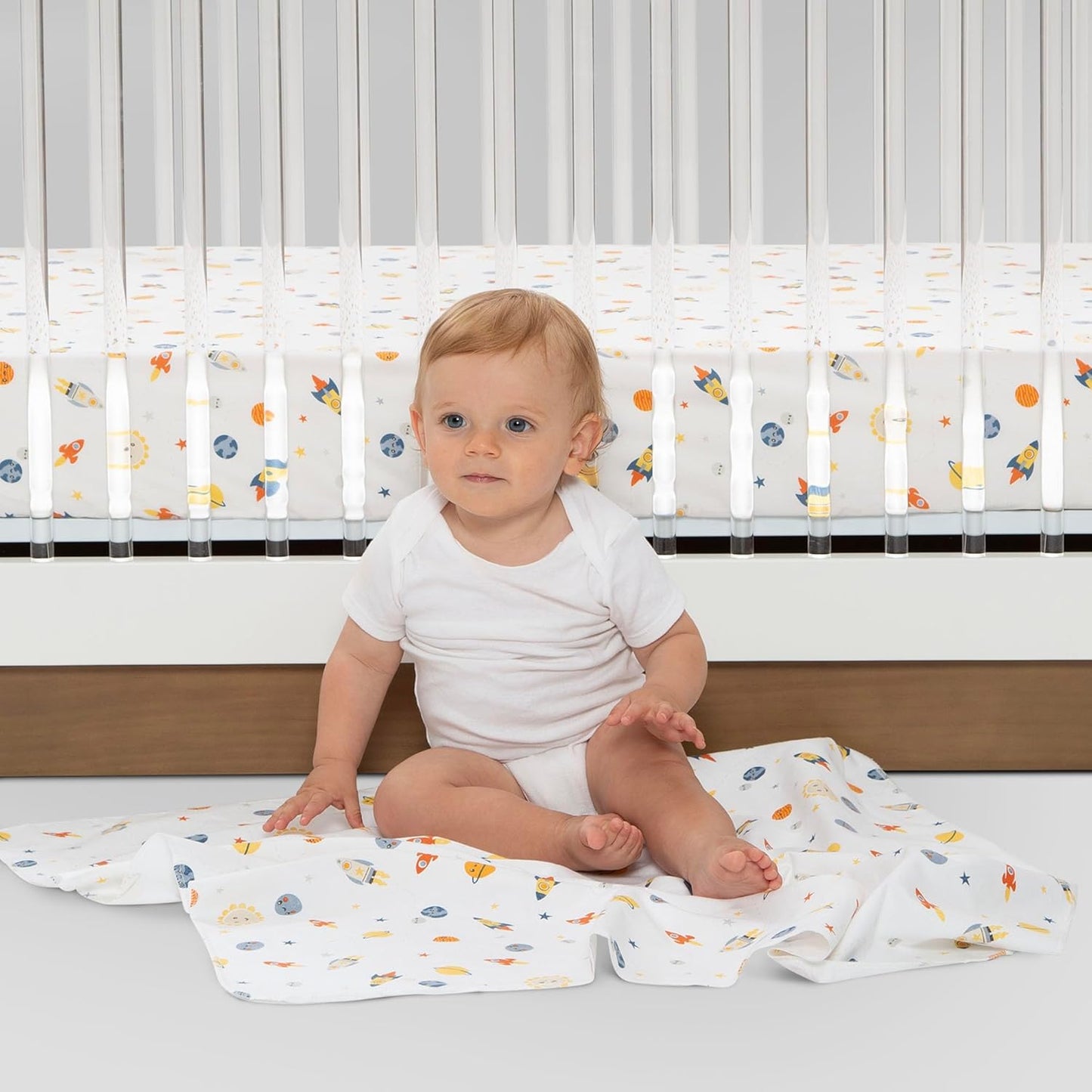 Delta Children 100% Cotton Flannel Baby Receiving Blankets for Girls and Boys – 30x30 Inches (Pack of 4), Space Exploration