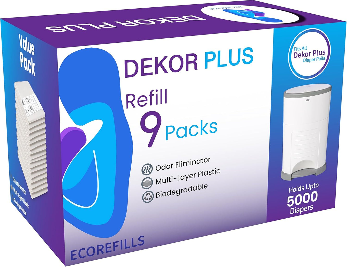ECO-REFILLS Diaper Pail Refills - Fits Dekor PLUS Extra Thick, Powerful Odor Elimination & Fresh Powder Scent | Easy to Replace and Dispose of Diaper Bag (9 Count (Pack of 1))