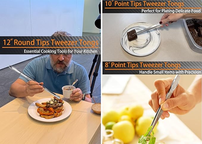 JETKONG 3 Pcs Kitchen Tweezers Tongs, Stainless Steel Cooking Tweezers, 8+10+12 Inch Ideal for meat, pasta, plating and pinching delicate small pieces of food (Silver)