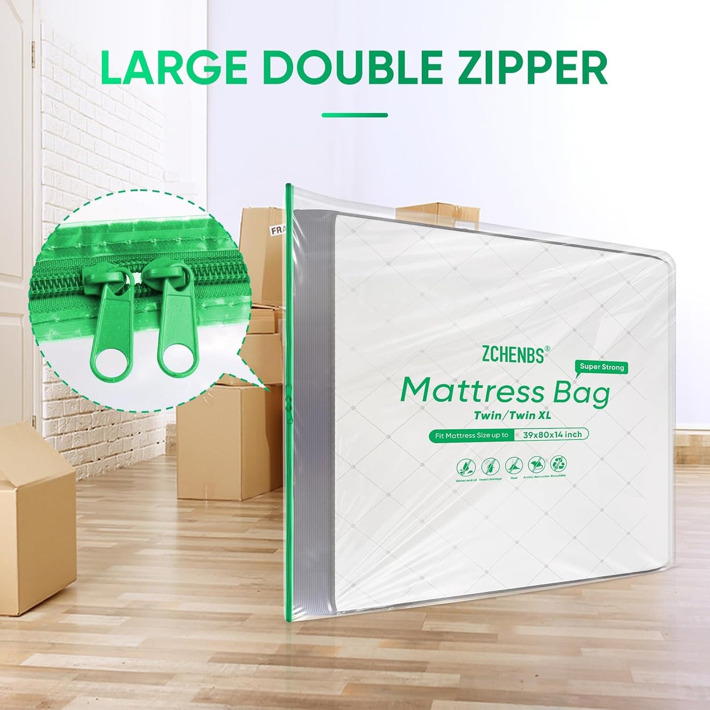 ZCHENBS® – Mattress Bags for Moving and Storage,Mattress Bag with Zippers,5 Mil Ultra-Thick Bed Bag,Waterproof,Anti-Tear,Heavy-Duty Mattress bag (Tansparent/Green, Green-Twin/Twin XL-(1 Pack))
