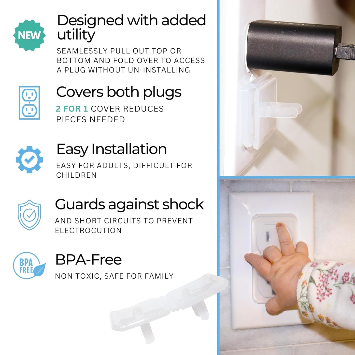 Clear Double Outlet Covers Baby Proofing (10 Pack, 20 Sockets) | Baby Proof Plug Covers for Electrical Outlets | Safe & Secure Baby Safety Products | Childproof Socket Covers Protect Toddlers & Babies