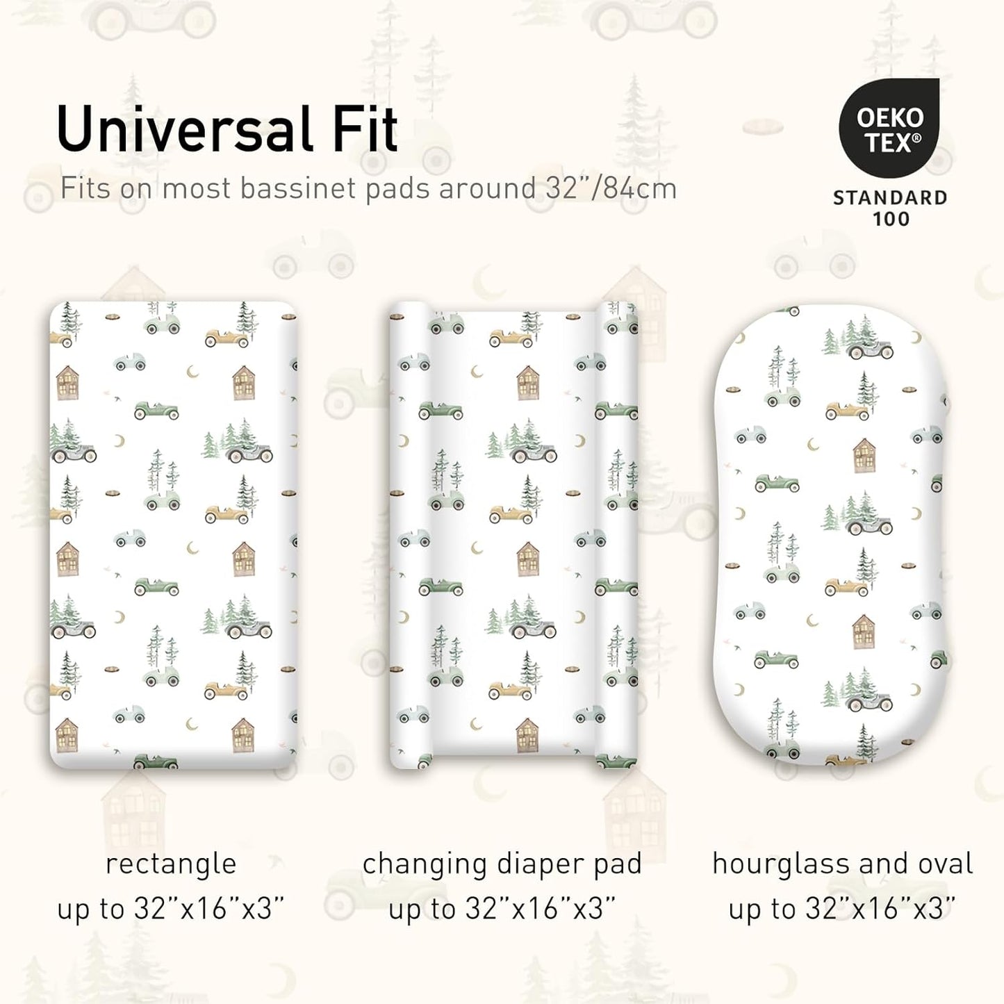 Gllquen Baby Bassinet Sheets 4 Pack, Breathable Cozy Fitted Mattress Sheet, Elastic Travel Crib Fashionable Pattern, Standard Cradle Safe Sheets for Baby Boys Girls 32"x16" (Car)