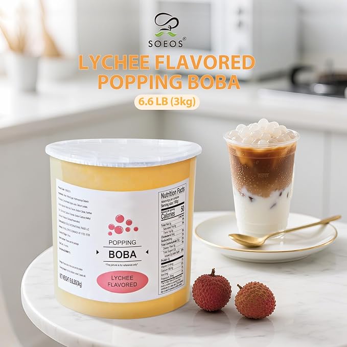 Soeos Lychee Popping Boba Pearls, 6.6 lbs (3000g), Bursting Boba Pearls for Bubble Tea, Beverages, Shakes, Desserts, Smoothie and Ice Cream Topping, Ready-to-Eat