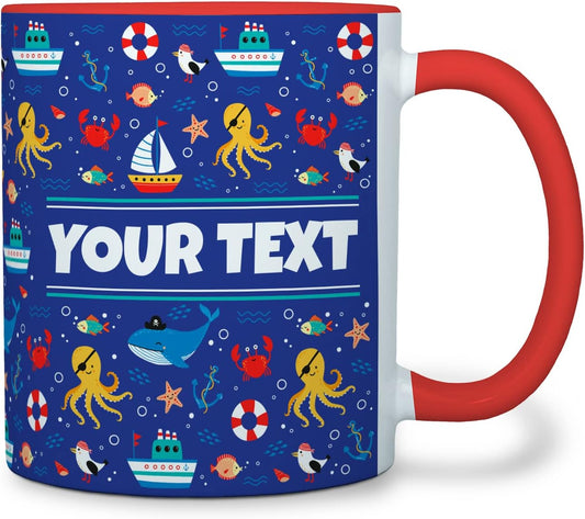 Personalized Mug for Kids - Nautical - Custom Name/Text, Ceramic Hot Chocolate/Cocoa/Coffee Cup for Boys/Girls, Birthday/Christmas/Holiday Gift - 11 oz, Red Handle