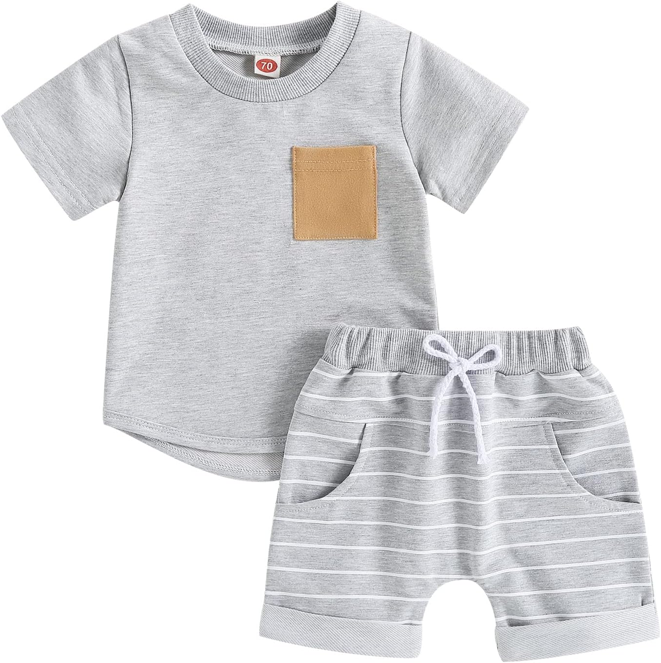 fhutpw Baby Toddler Boy Clothes Summer Outfits 6 12 18 24 Months Patchwork Short Sleeve T Shirt & Shorts Sets with Pockets