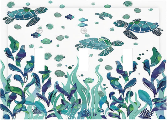 Decorative Switch Plates Vibrant Turtle Seagrass Watercolor Painting 3 Gang Wall Plate Triple Toggle Light Switch Cover Faceplate Electrical Wall Panels for Bathroom living Room Decor