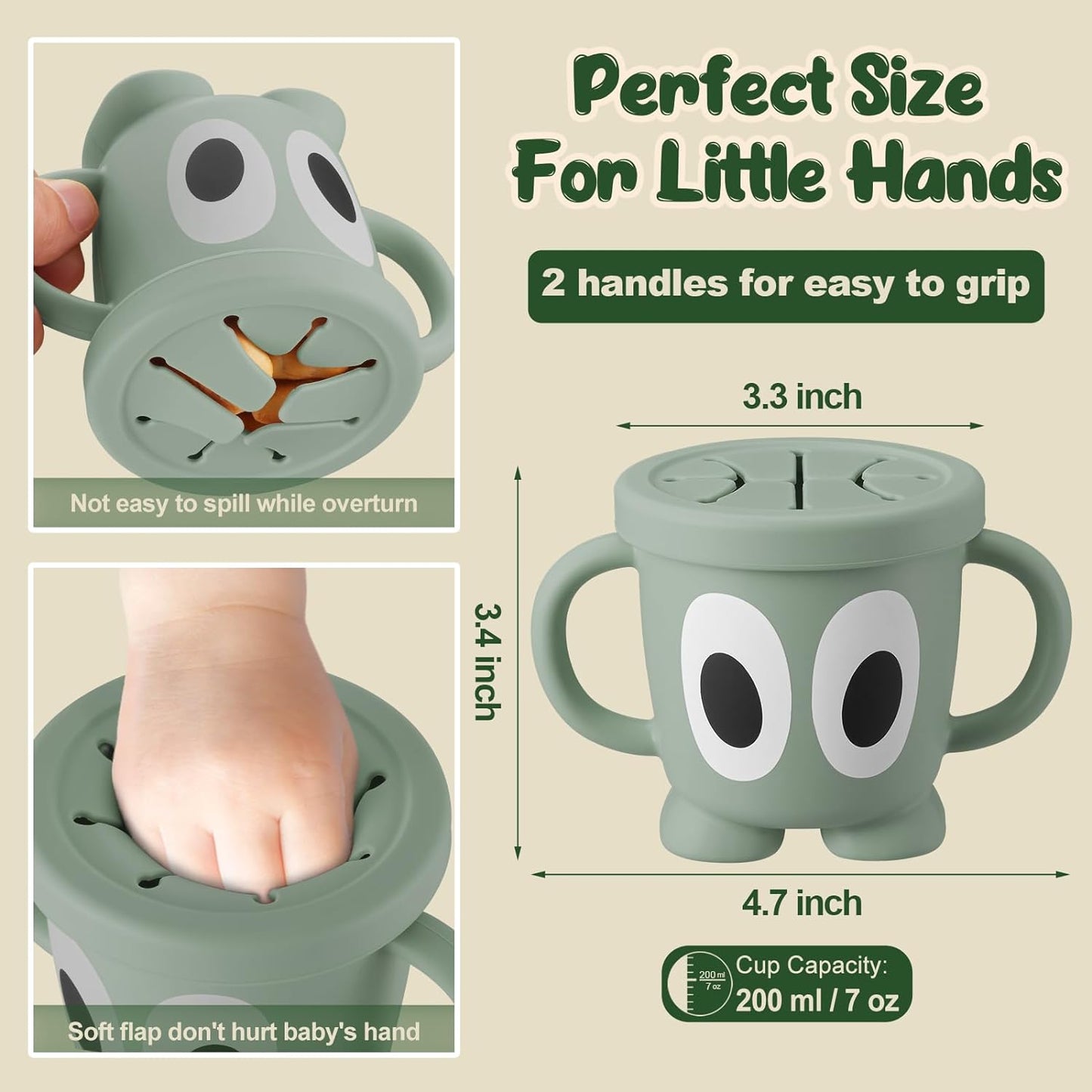 Silicone Snack Cup Food Container for Toddlers and Babies, Spill Proof Training Cup with Snack Cup Lid & Dust Proof Lid, Comes with a toy strap, Without BPA, Lead, or Phthalates (Sage)