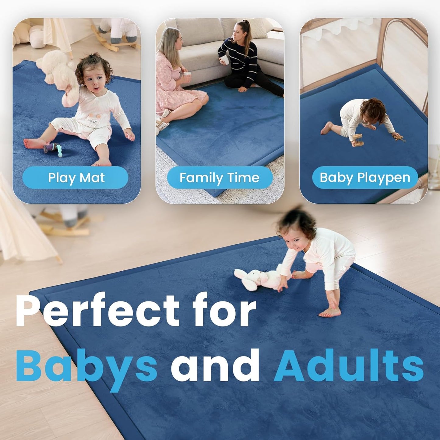 1.3" Thick Baby Play Mat,Ultra Soft Elasti-Foam 50×50 Playpen Mat for Tummy Time,Water-Repellent Coral Fleece Nursery Rug for Infants,Toddlers,Kids,Non-Slip Safe for Crawling(Royal Blue)