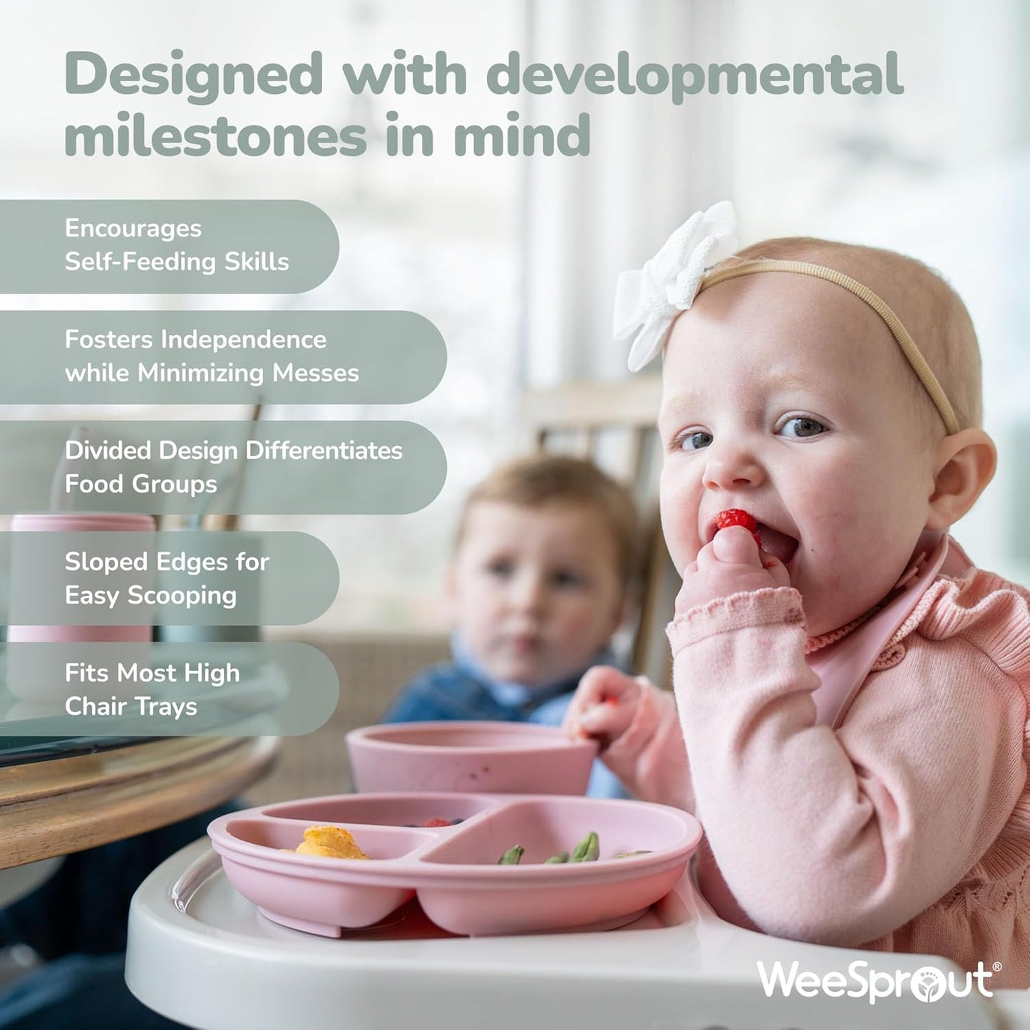 WeeSprout Suction Plates for Babies & Toddlers - 100% Silicone, Dinnerware Stays Put, Divided Design for Picky Eaters, Microwave & Dishwasher Friendly, 3 Pack (Matte Pink, Purple & Blush Pink)